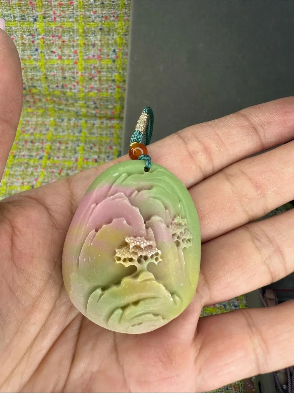 YanYuan Agate Hand-Carved Landscape Carving Pendant Necklace